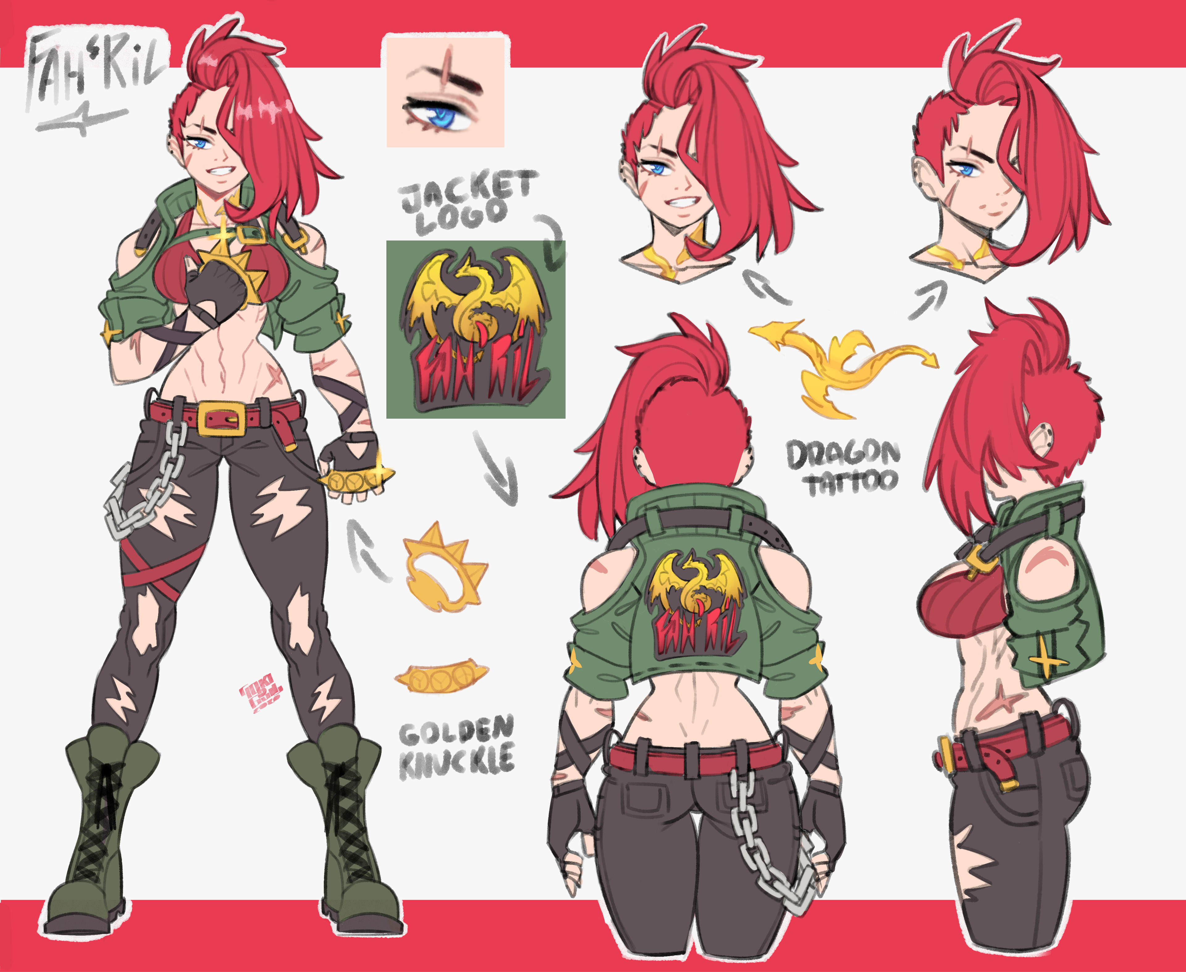 lokigun, original, absurdres, commentary, commission, english commentary, highres, 1girl, bare shoulders, belt, black gloves, black pants, blue eyes, boots, brass knuckles, breasts, chain, character name, closed mouth, clothes writing, dragon tattoo, english text, eyelashes, facial scar, fingerless gloves, from behind, from side, full body, glint, gloves, green boots, green jacket, hair over one eye, jacket, long hair, midriff, mohawk, multiple views, navel, open clothes, open jacket, outline, pants, red belt, red hair, reference sheet, scar, scar across eyebrow, scar on arm, scar on cheek, scar on face, scar on hip, scar on shoulder, smile, standing, tattoo, teeth, toned, toned female, torn clothes, torn pants, weapon, white outline