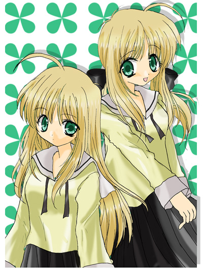 aozakana, shirogane sara, shirogane souju, futakoi, 00s, 2girls, green eyes, multiple girls, pleated skirt, school uniform, serafuku, siblings, sisters, skirt, twins