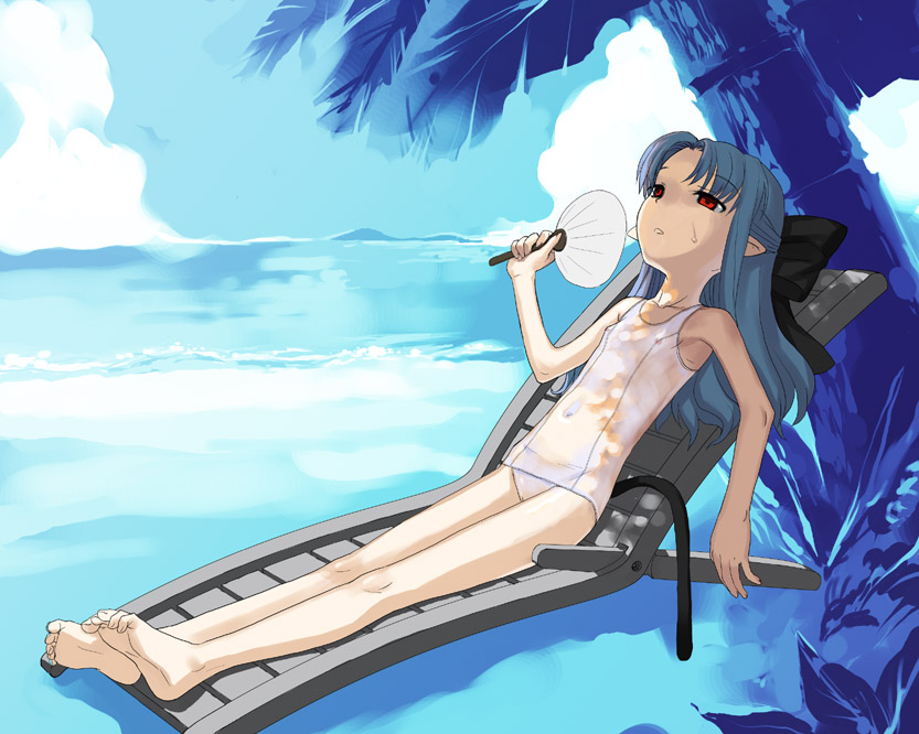 len (tsukihime), tsukihime, 00s, 1girl, beach, cloud, day, feet, female focus, half updo, hand fan, loli, one-piece swimsuit, outdoors, paper fan, pointy ears, school swimsuit, see-through clothes, sky, solo, swimsuit, tail, uchiwa, white one-piece swimsuit, white school swimsuit