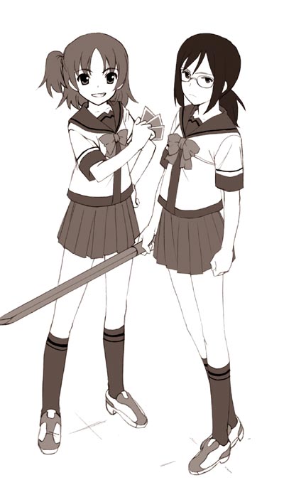 sakumo (karatama), hida sayuri, tsunomoto rein, gokujou seitokai, 00s, 2girls, bokken, monochrome, multiple girls, pleated skirt, school uniform, serafuku, skirt, sword, weapon, wooden sword