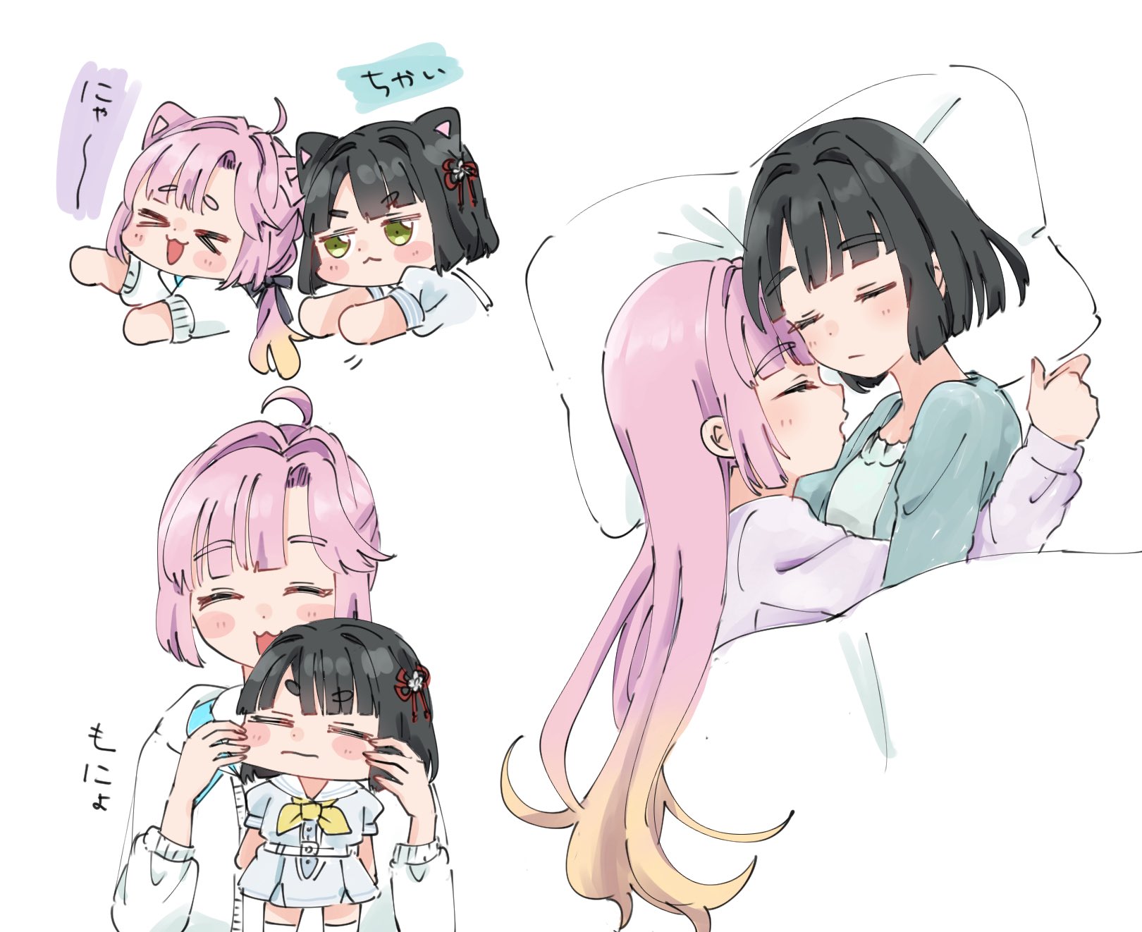 moso (expect66), anyoji hime, momose ginko, link! like! love live!, love live!, commentary, highres, > <, 2girls, :3, :d, ^ ^, ahoge, animal ears, anyoji hime (sega lucky lottery sleepwear), black hair, blonde hair, blue cardigan, blunt bangs, blunt ends, bob cut, cardigan, cat ears, closed eyes, closed mouth, gradient hair, green eyes, hasu no sora school uniform, jacket, kemonomimi mode, long hair, long sleeves, momose ginko (sega lucky lottery sleepwear), multicolored hair, multiple girls, multiple views, official alternate costume, open cardigan, open clothes, open mouth, pink hair, purple shirt, school uniform, shirt, short hair, simple background, sleeping, sleeping together, smile, summer uniform, three-quarter sleeves, virtual youtuber, white background, white jacket, x3, xd, yuri