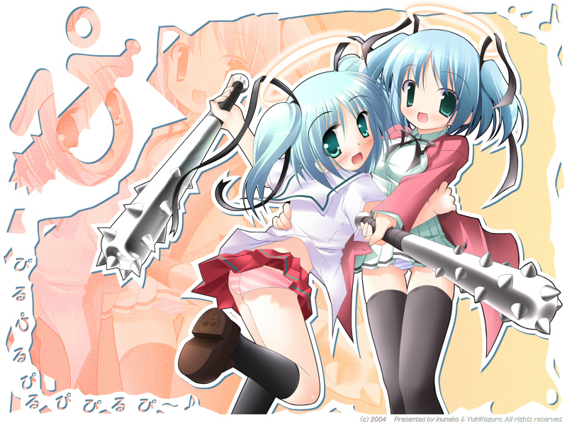 inuneko, kagura yuuki, mitsukai dokuro, bokusatsu tenshi dokuro-chan, artist collaboration, translated, 00s, 2girls, ass, black socks, black thighhighs, blue panties, clothes lift, club, club (weapon), dual persona, escaliborg, excalibolg, kanabou, kneehighs, miniskirt, multiple girls, panties, pantyshot, pink panties, skirt, skirt lift, socks, spiked club, standing, striped clothes, striped panties, thighhighs, underwear, upskirt, weapon, wind, wind lift, zettai ryouiki