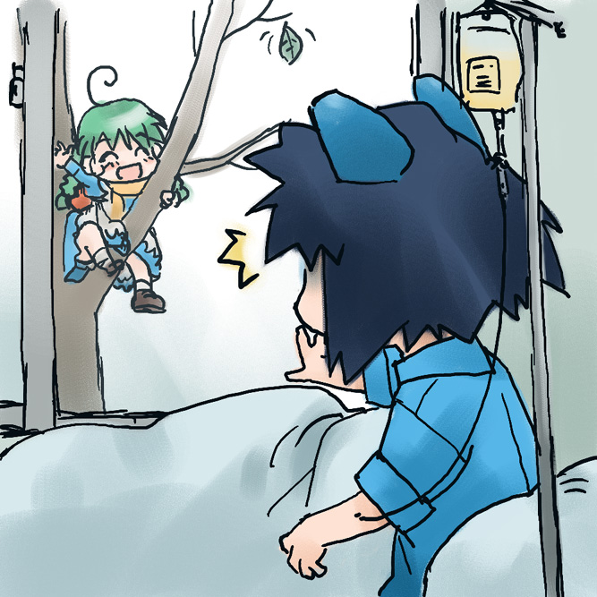 2k-tan, me-tan, os-tan, ^ ^, closed eyes, glasses, intravenous drip, waving, window