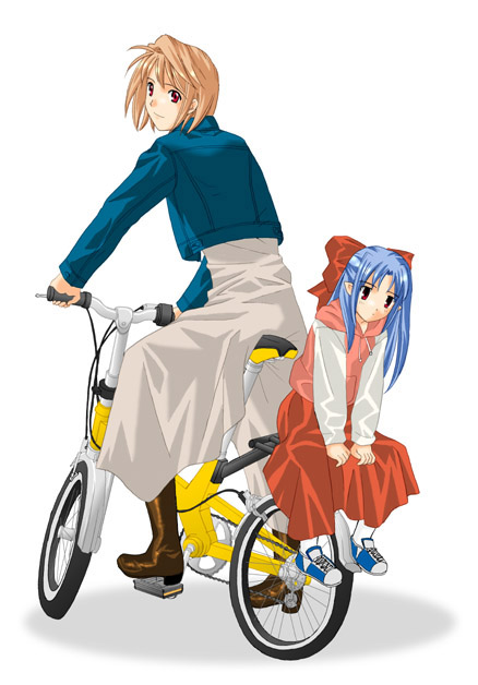 toshibou (satsukisou), arcueid brunestud, len (tsukihime), tsukihime, 00s, 2girls, bicycle, blonde hair, blue hair, boots, bow, full body, hair bow, half updo, head tilt, hood, hoodie, jacket, long hair, long skirt, looking back, looking down, multiple girls, multiple riders, pointy ears, red eyes, red skirt, riding, shoes, short hair, simple background, sitting, size difference, skirt, sneakers, very long hair, white skirt