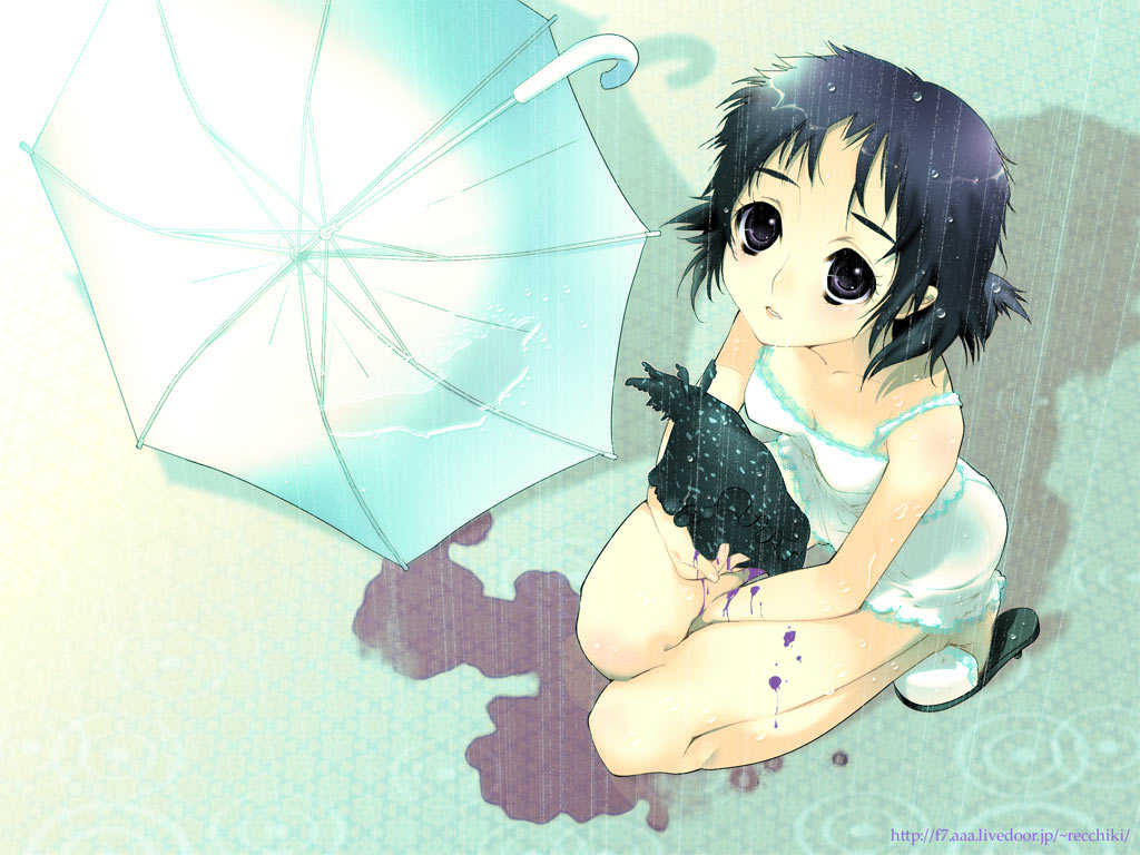888, chkuyomi, original, 1girl, bare shoulders, black hair, dress, female focus, from above, kneeling, looking up, parted lips, purple eyes, rain, ripples, sandals, solo, umbrella
