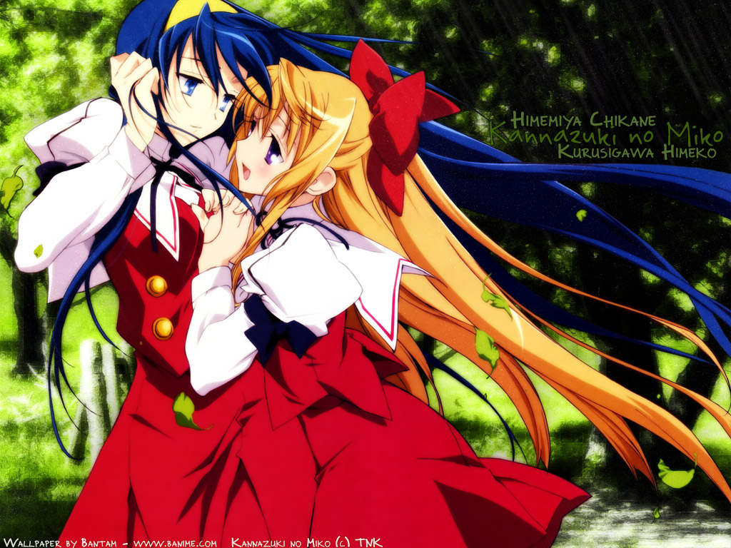fujii maki, himemiya chikane, kurusugawa himeko, kannazuki no miko, light brown hair, 00s, 2girls, :d, adjusting hair, black bow, blue eyes, blue hair, blush, bow, bowtie, character name, copyright name, couple, eye contact, female focus, floating hair, hair bow, hair ribbon, hairband, half updo, happy, holding hands, interlocked fingers, leaf, long hair, long sleeves, looking at another, multiple girls, open mouth, orange hair, outdoors, puffy long sleeves, puffy sleeves, purple eyes, red bow, red ribbon, ribbon, school uniform, serafuku, skirt, smile, tree, very long hair, wind, yellow hairband, yuri