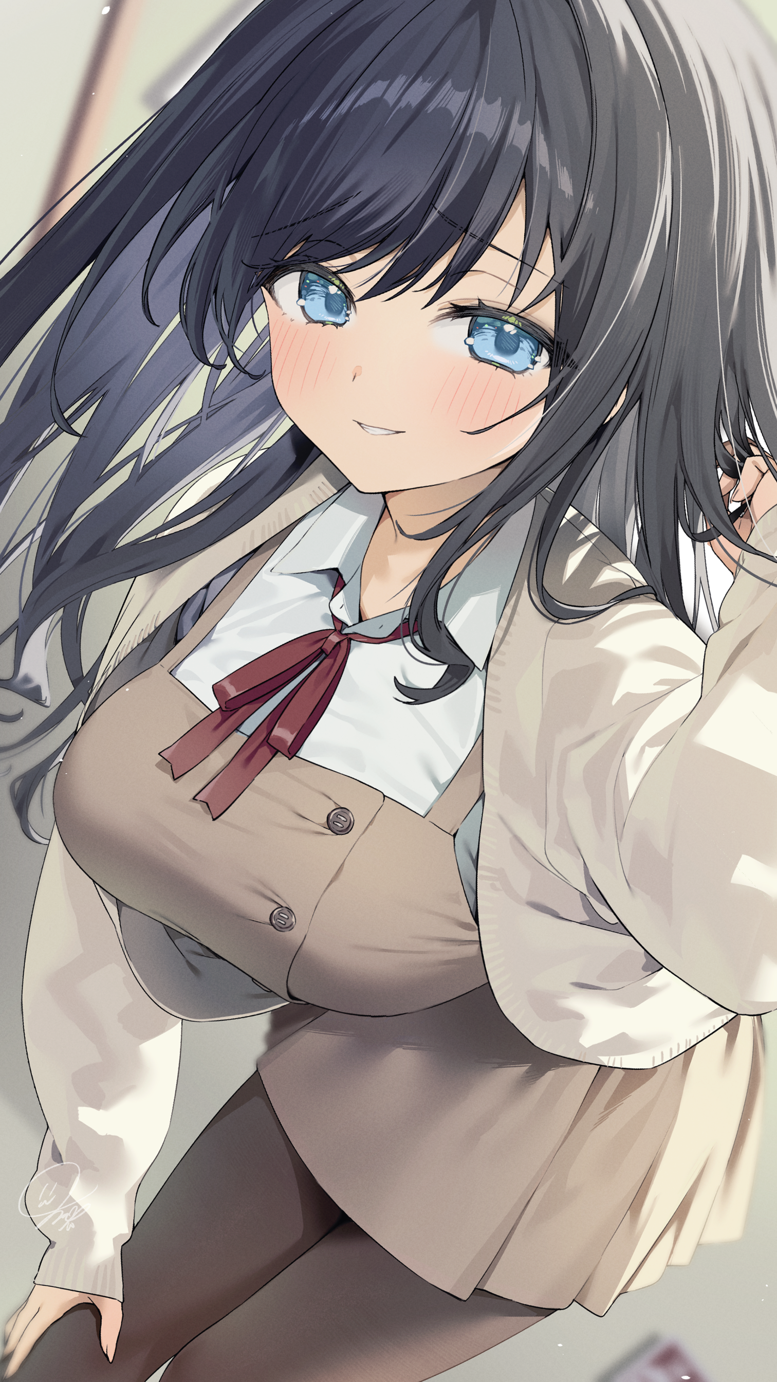 itohana, original, absurdres, commentary request, highres, 1girl, black hair, black pantyhose, blush, breasts, brown cardigan, brown dress, cardigan, collared shirt, cowboy shot, dress, grey eyes, hand on own thigh, hand up, huge breasts, leaning forward, long hair, long sleeves, looking at viewer, neck ribbon, pantyhose, parted lips, pinafore dress, playing with own hair, pleated dress, raised inner eyebrows, red ribbon, ribbon, shirt, sleeveless, sleeveless dress, smile, solo, swept bangs, white shirt, wing collar