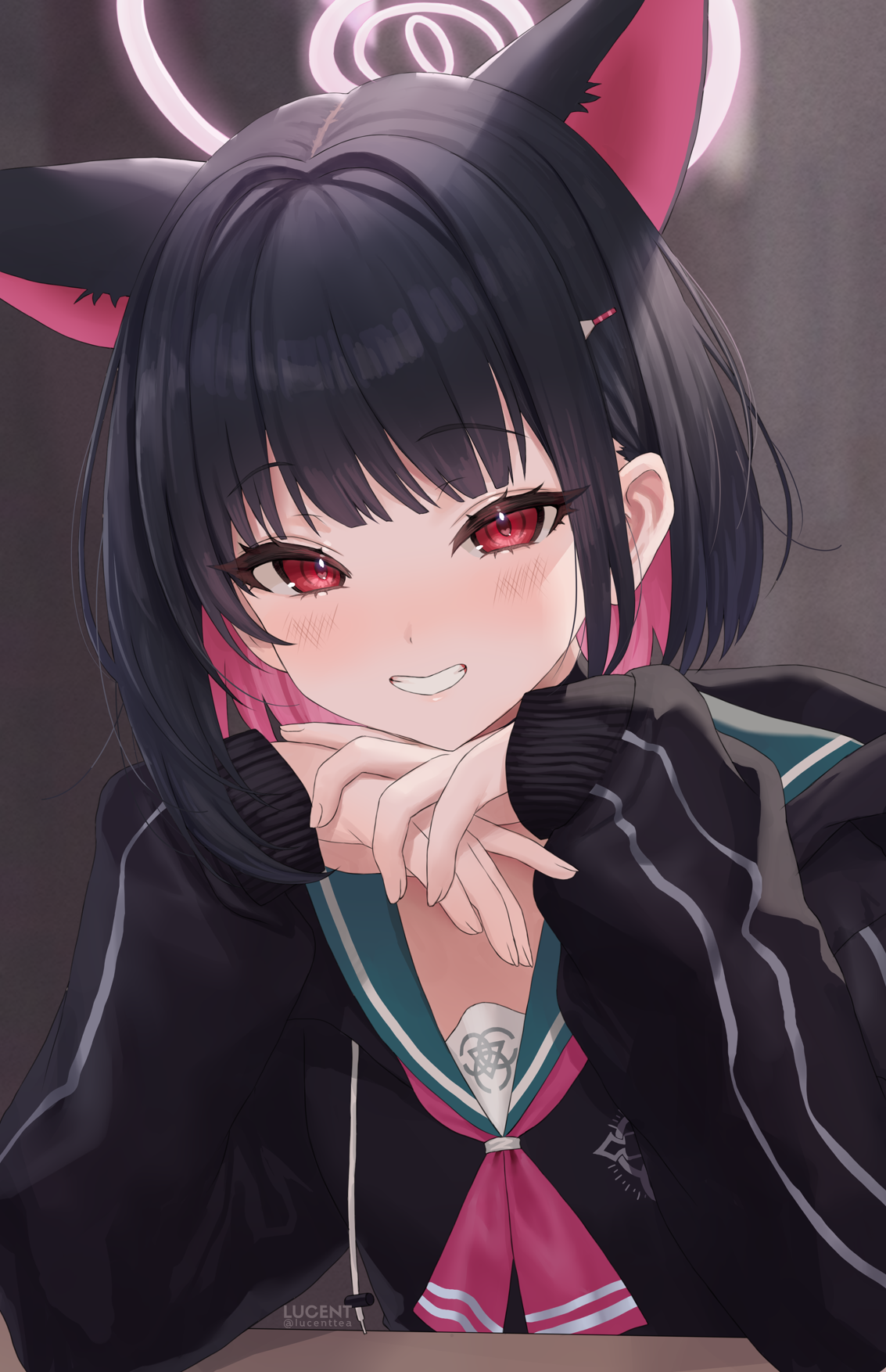 lucenttea, kazusa (blue archive), blue archive, highres, 1girl, animal ears, black hair, black jacket, blush, cat ears, cat girl, colored inner animal ears, colored inner hair, green sailor collar, hair intakes, hair ornament, halo, jacket, long sleeves, looking at viewer, multicolored hair, neckerchief, pink hair, pink halo, pink neckerchief, puffy long sleeves, puffy sleeves, red eyes, sailor collar, short hair, smile, solo