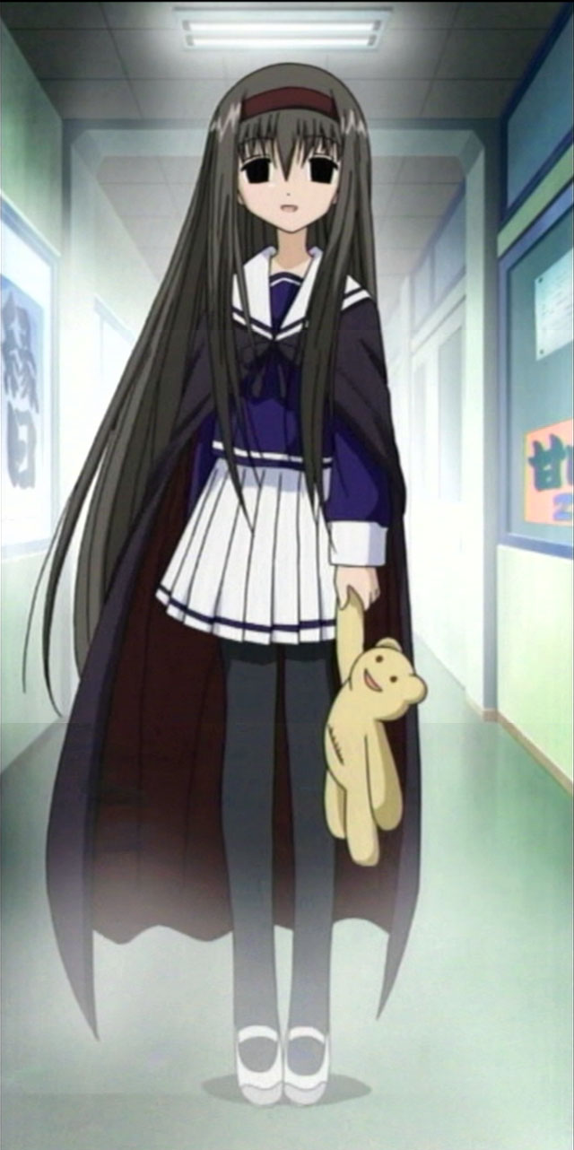 buchou, mahoraba, interior, anime screenshot, highres, 00s, 1girl, black eyes, black hair, cape, empty eyes, female focus, hairband, hallway, headband, holding, holding stuffed toy, long hair, mary janes, pantyhose, pleated skirt, sailor, school uniform, serafuku, shoes, skirt, solo, stuffed animal, stuffed toy, teddy bear, very long hair