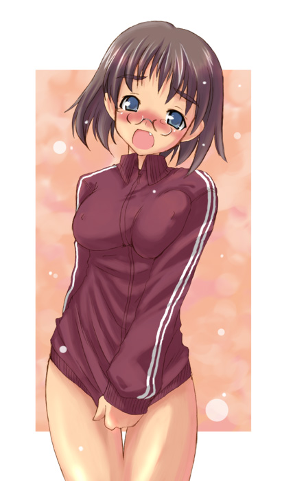 kyogoku shin, original, 1girl, blush, bottomless, breasts, buruma, covered erect nipples, covering crotch, covering privates, cowboy shot, double vertical stripe, fang, female focus, glasses, gym uniform, large breasts, shirt tug, short hair, solo