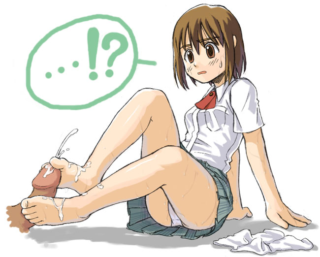 ayase fuuka, yotsubato!, white legwear, artist request, !?, 1boy, 1girl, :o, arm support, barefoot, blush, breasts, clothed female nude male, clothed sex, collared shirt, cum, cum on body, cum on feet, cum on lower body, disembodied penis, ejaculation, feet, femdom, footjob, from side, full body, grey skirt, hetero, legs, miniskirt, necktie, nude, open mouth, panties, pantyshot, penis, plaid clothes, plaid skirt, pleated skirt, school, school uniform, serafuku, shadow, shirt, short hair, short sleeves, sitting, skirt, small breasts, socks, solo focus, speech bubble, sweat, thick eyebrows, toes, uncensored, underwear, unworn clothes, unworn socks, upskirt, white background, white panties, white shirt, white skirt