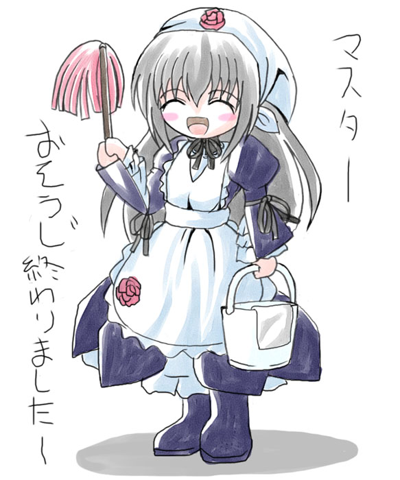 imai kazunari, suigintou, rozen maiden, silver hair, translated, 00s, 1girl, ^ ^, bandana, black boots, blush, blush stickers, boots, bucket, cleaning rag, closed eyes, dress, duster, female focus, flower, full body, gothic lolita, happy, lolita fashion, long hair, open mouth, rose, simple background, solo, white background