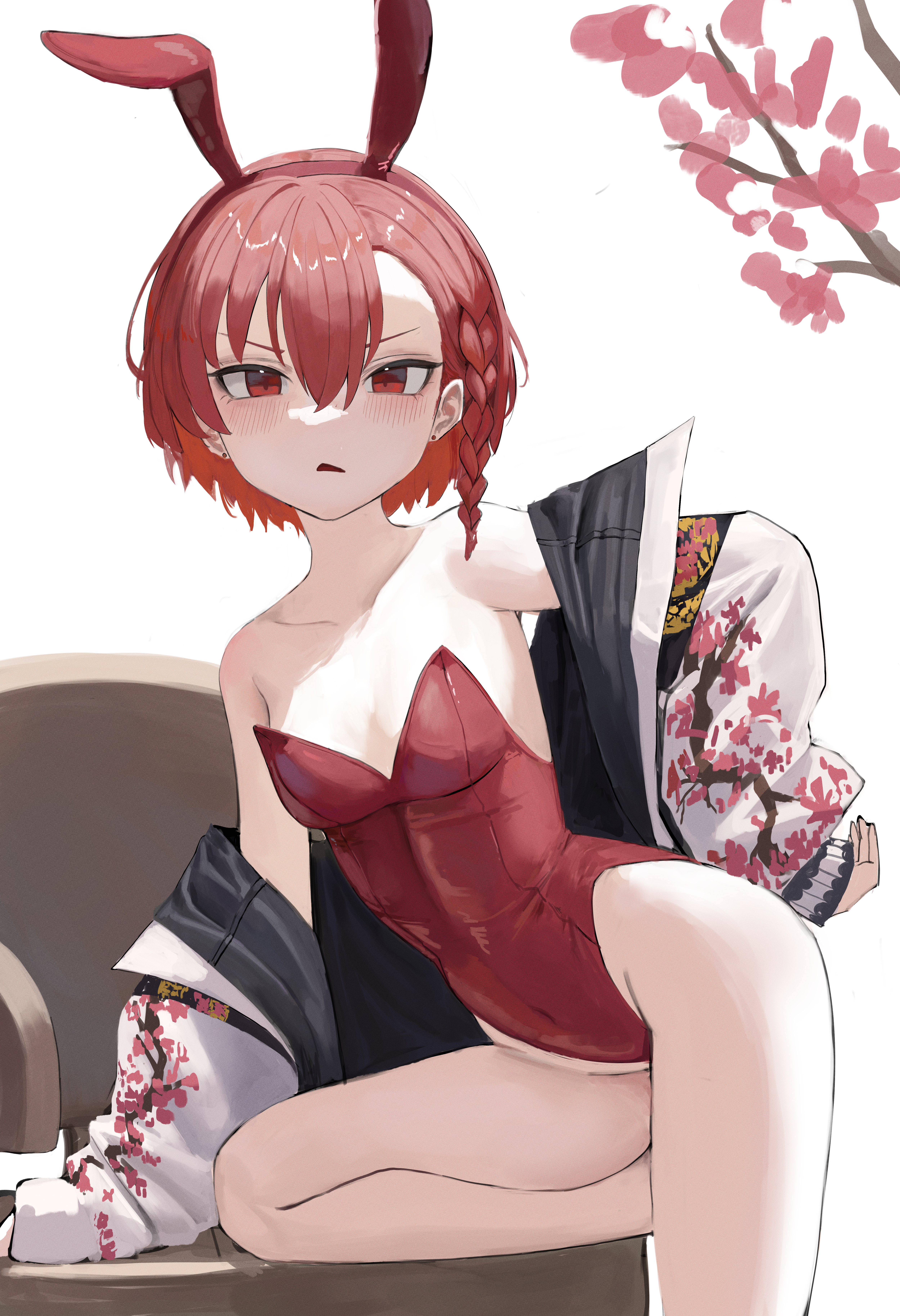 moji (m 0j 4), neru (blue archive), neru (bunny) (blue archive), blue archive, absurdres, highres, 1girl, animal ear hairband, animal ears, braid, branch, breasts, earrings, fake animal ears, hairband, highleg, highleg leotard, jacket, jewelry, leotard, looking at viewer, medium hair, playboy bunny, print jacket, red eyes, red hair, red hairband, red leotard, single braid, small breasts, solo, strapless, strapless leotard, stud earrings, sukajan