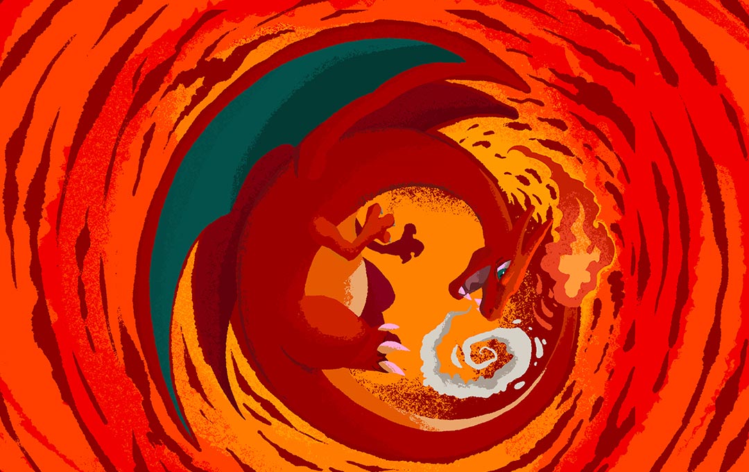 charizard, nintendo, pokemon, pokemon tcg, second-party source, blue eyes, bryce warner, claws, dragon, dragon wings, fangs, fire, flame-tipped tail, full body, gen 1 pokemon, no humans, open mouth, pokemon (creature), pokemon focus, smoke, solo, tail, wings