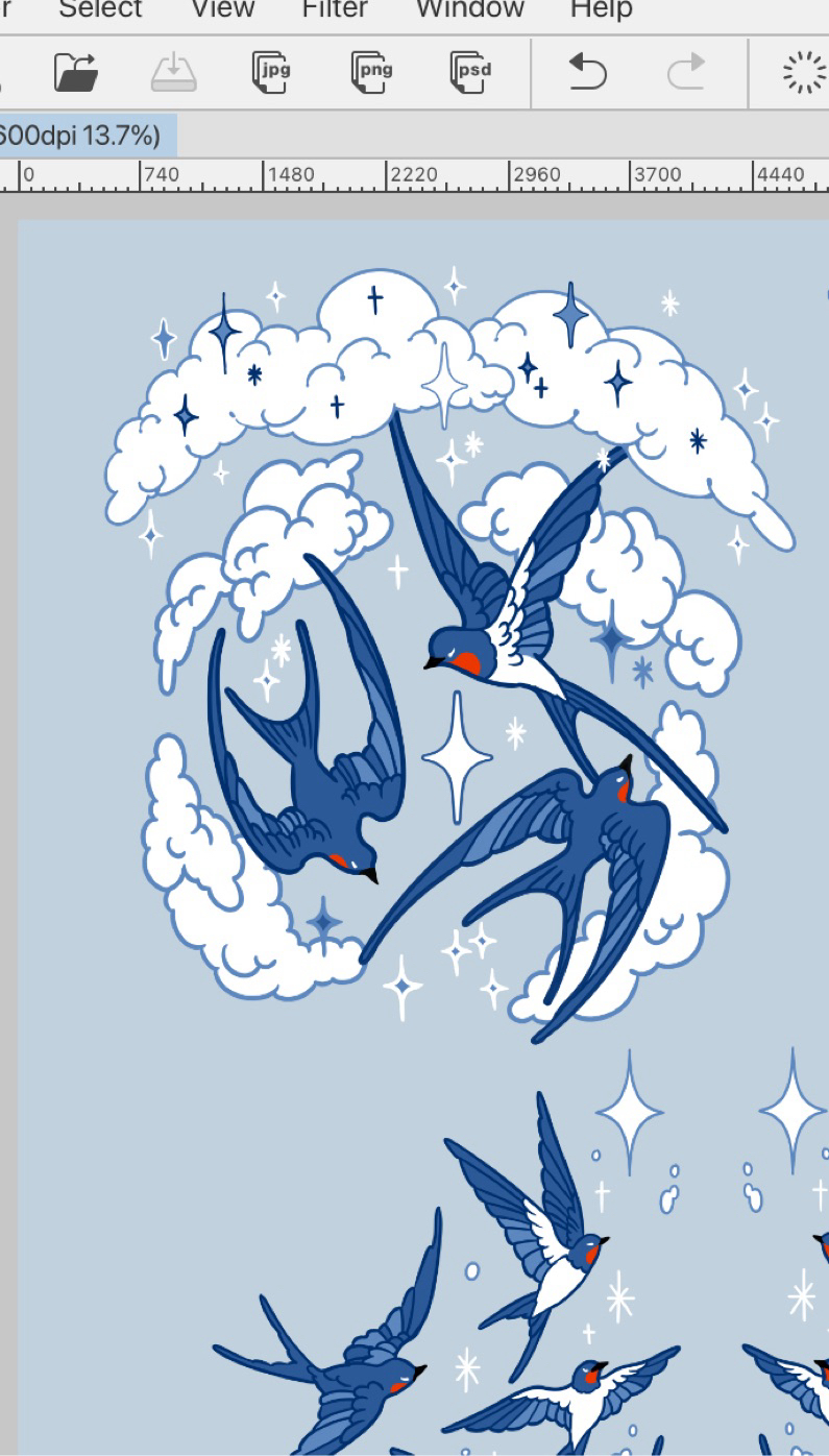 meyoco, original, commentary, cropped, english commentary, highres, animal, animal focus, art program in frame, bird, blue background, blue bird, blue feathers, blue theme, closed eyes, cloud, collage, cool colored, feathers, flying, full body, no humans, outdoors, simple background, sky, sparkle, swallow (bird), symmetry, white eyes, wings