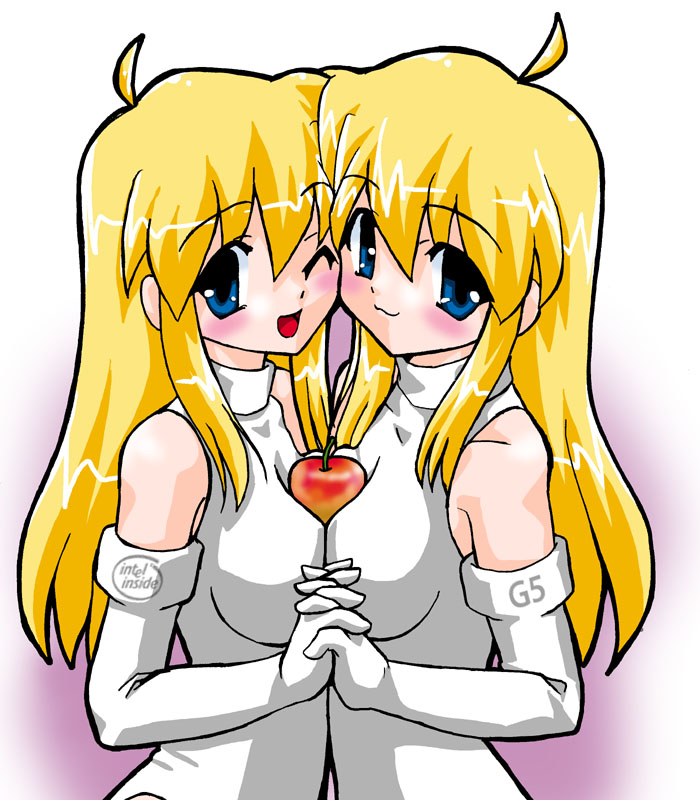 osx, apple inc., intel, os-tan, 2girls, apple, between breasts, blonde hair, blue eyes, breast press, breasts, elbow gloves, food, fruit, gloves, multiple girls, one eye closed, personification, siblings, sisters, symmetrical docking, symmetry, twins, white gloves, wink