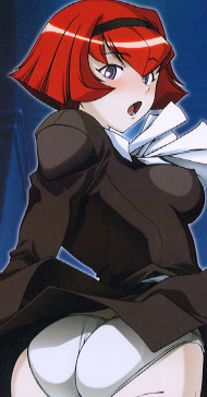 hakkyou daioujou, r dorothy wayneright, the big o, lowres, 1girl, android, ascot, ass, blush, bob cut, breasts, clothes lift, covered erect nipples, dress, dress lift, female focus, frills, hairband, looking back, medium breasts, open mouth, panties, pantyshot, purple eyes, red hair, short hair, solo, underwear, white panties