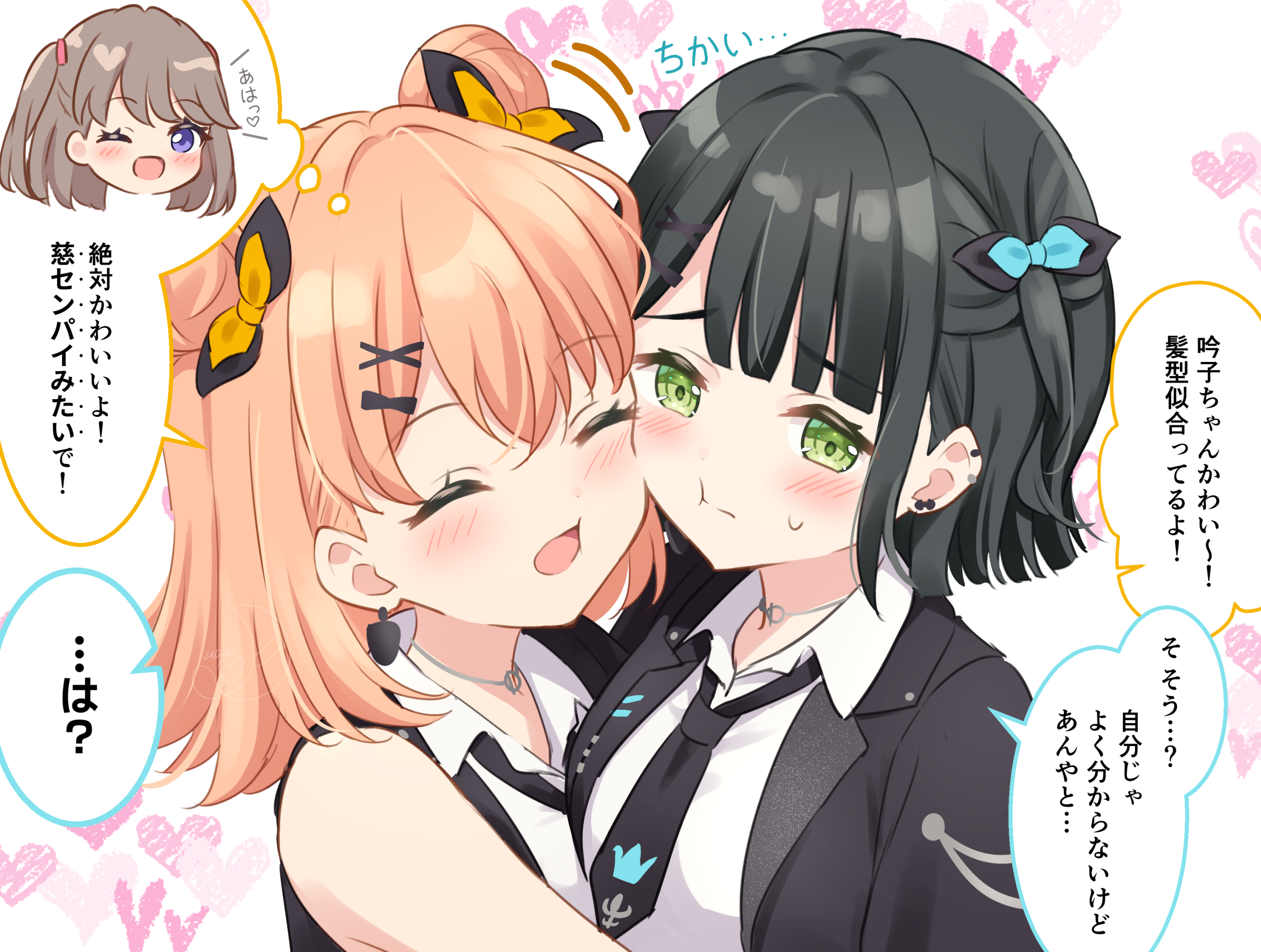 hanazora satsuki, fujishima megumi, hinoshita kaho, momose ginko, link! like! love live!, love live!, commentary request, highres, 3girls, :d, :t, ;d, ^ ^, bare shoulders, black hair, black jacket, black necktie, blunt bangs, brown hair, cerise bouquet, cheek-to-cheek, closed eyes, closed mouth, collared shirt, colored speech bubble, double bun, green eyes, hair bun, hair ornament, half updo, heads together, heart, heart background, hug, i do me! (love live!), jacket, medium hair, motion lines, multiple girls, necktie, official alternate costume, one eye closed, open clothes, open jacket, open mouth, purple eyes, raised inner eyebrows, shirt, short hair, sleeveless, sleeveless jacket, sleeveless shirt, smile, speech bubble, split mouth, sweatdrop, thought bubble, two side up, upper body, virtual youtuber, white background, white shirt, x hair ornament, yuri