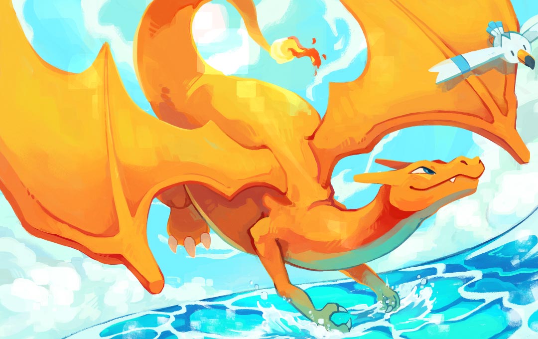 charizard, wingull, nintendo, pokemon, pokemon tcg, second-party source, bird, blue eyes, blue sky, chawc, claws, closed mouth, cloud, day, dragon, dragon wings, fire, flame-tipped tail, flying, gen 1 pokemon, gen 3 pokemon, nostrils, outdoors, pokemon (creature), pokemon focus, sky, smile, tail, water, wings