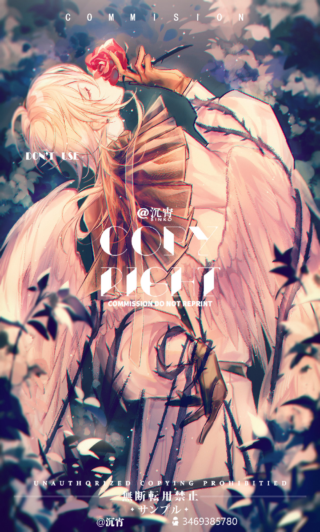 sinko123, alkaid mcgrath, lovebrush chronicles, chinese commentary, commission, highres, 1boy, alkaid mcgrath (book of tales), arched back, arm behind back, belt, black belt, blonde hair, blurry, brown gloves, cowboy shot, depth of field, earrings, feathered wings, flower, from side, gloves, green eyes, hair between eyes, hand up, holding, holding flower, jewelry, long sleeves, medium hair, neck ruff, pants, parted lips, plant, profile, puffy long sleeves, puffy sleeves, red flower, red rose, restrained, rose, shirt, smelling, smelling flower, solo, standing, stud earrings, thorns, tree, vines, watermark, white pants, white shirt, white wings, wings