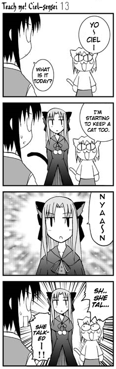 lemlaml, onion (lemlaml), ciel-sensei, ciel (tsukihime), len (tsukihime), neco-arc, tsukihime, hard-translated, third-party edit, translated, 00s, 3girls, 4koma, comic, greyscale, monochrome, multiple girls