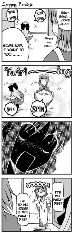 lemlaml, onion (lemlaml), hisui (tsukihime), kohaku (tsukihime), len (tsukihime), tsukihime, hard-translated, third-party edit, translated, 00s, 3girls, 4koma, blood, comic, greyscale, monochrome, multiple girls, nosebleed, siblings, sisters, spinning, twins