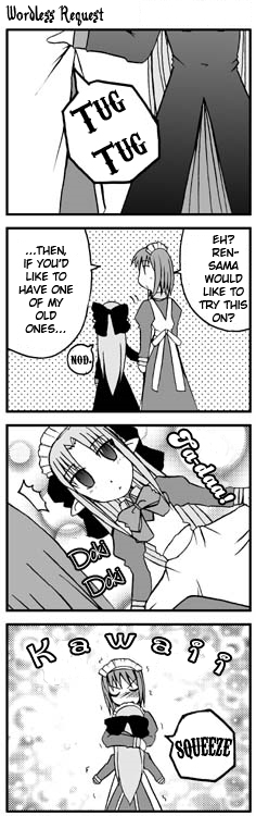 lemlaml, onion (lemlaml), hisui (tsukihime), len (tsukihime), tsukihime, hard-translated, third-party edit, translated, 00s, 2girls, 4koma, alternate costume, comic, enmaided, greyscale, hug, maid, monochrome, multiple girls