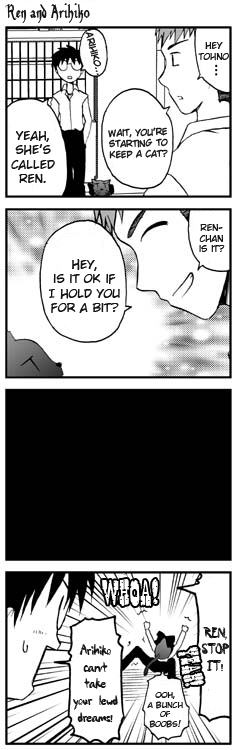 lemlaml, onion (lemlaml), inui arihiko, len (cat) (tsukihime), len (tsukihime), tohno shiki, tsukihime, hard-translated, third-party edit, translated, 00s, 1girl, 2boys, 4koma, animal, cat, comic, greyscale, monochrome, multiple boys