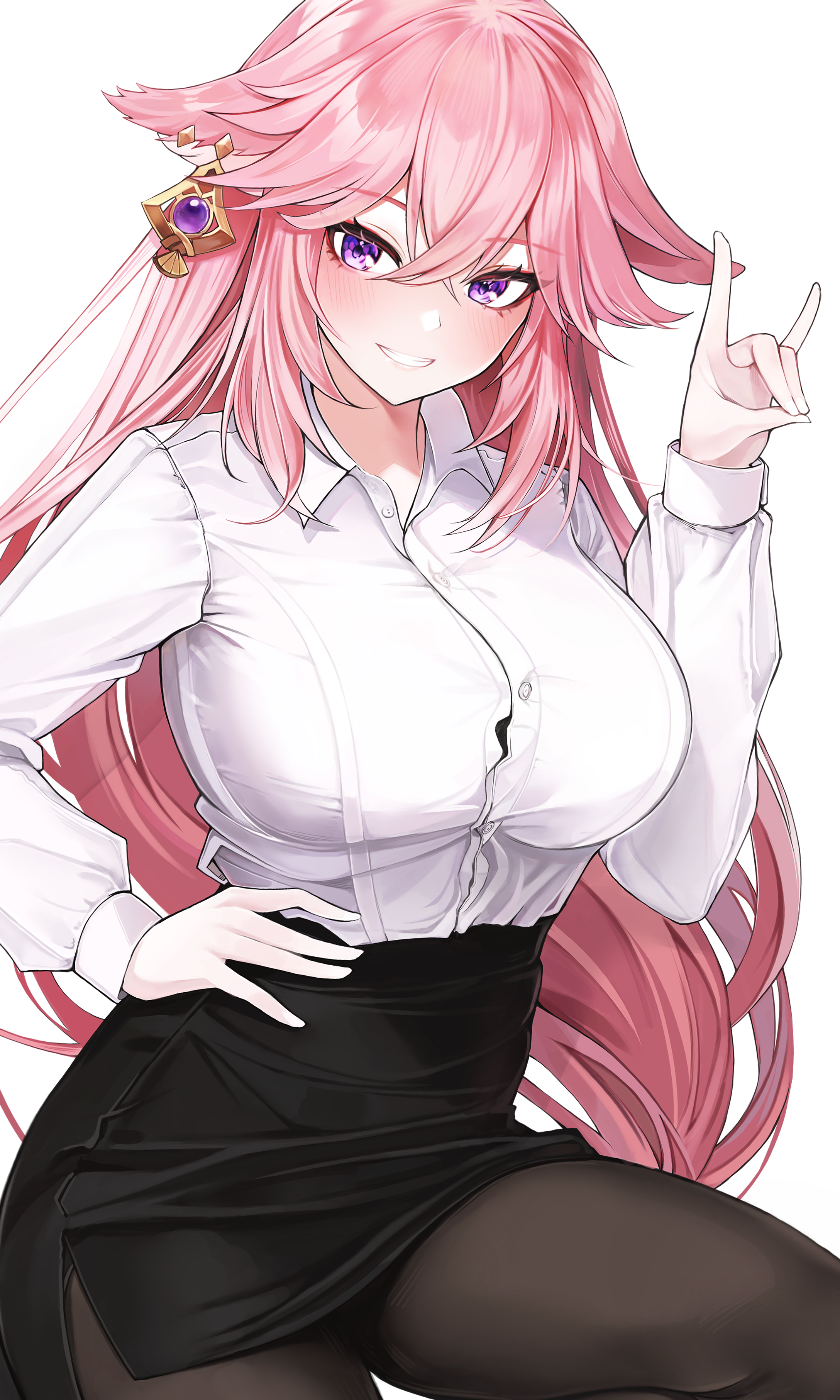 reichidad, yae miko, genshin impact, mihoyo, absurdres, highres, animal ears, black pantyhose, breasts, floppy ears, fox ears, high heels, large breasts, long hair, low-braided long hair, low-tied long hair, nontraditional miko, office lady, pantyhose, pencil skirt, pink hair, purple eyes, shirt, shirt tucked in, skirt, white shirt