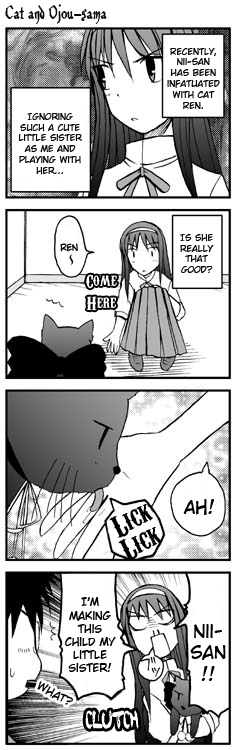 lemlaml, onion (lemlaml), len (cat) (tsukihime), len (tsukihime), tohno akiha, tohno shiki, tsukihime, step-brother and step-sister, hard-translated, third-party edit, translated, 00s, 1boy, 1girl, 4koma, animal, brother and sister, brother and step-sister, cat, comic, greyscale, monochrome, siblings, step-siblings
