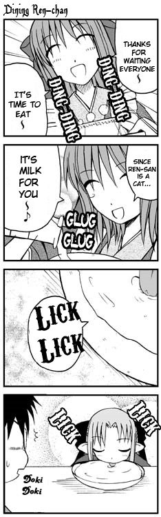 lemlaml, onion (lemlaml), kohaku (tsukihime), len (tsukihime), tohno shiki, tsukihime, hard-translated, third-party edit, translated, 00s, 1boy, 2girls, 4koma, comic, greyscale, milk, monochrome, multiple girls, plate