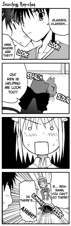 lemlaml, onion (lemlaml), hisui (tsukihime), len (cat) (tsukihime), len (tsukihime), tohno shiki, tsukihime, hard-translated, third-party edit, translated, 00s, 1boy, 1girl, 4koma, animal, cat, comic, greyscale, monochrome