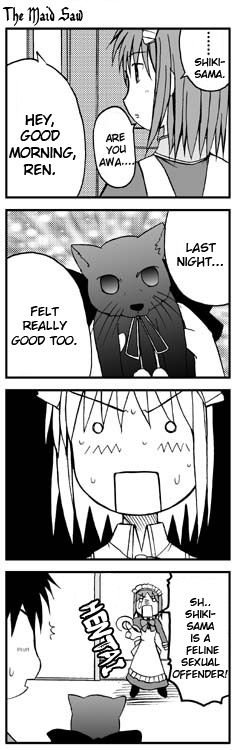 lemlaml, onion (lemlaml), hisui (tsukihime), len (cat) (tsukihime), len (tsukihime), tohno shiki, tsukihime, hard-translated, third-party edit, translated, 00s, 1boy, 1girl, 4koma, animal, cat, comic, english text, greyscale, monochrome