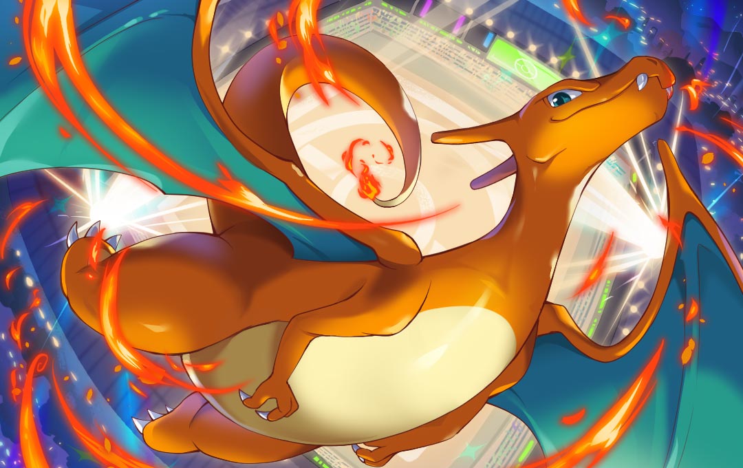 charizard, nintendo, pokemon, pokemon tcg, artist request, second-party source, aqua eyes, claws, closed mouth, dragon, dragon wings, fangs, fire, flame-tipped tail, flying, gen 1 pokemon, poke ball symbol, pokemon (creature), pokemon focus, smile, solo, stadium, stadium lights, tail, wings