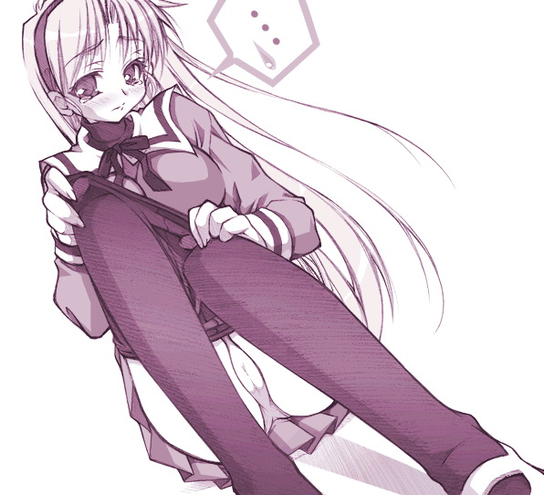 original, …, 1girl, blush, clothes pull, crotch seam, dressing, female focus, hairband, long hair, monochrome, panties, pantyhose, pantyhose pull, pantyshot, pleated skirt, school uniform, serafuku, sitting, skirt, solo, spoken ellipsis, tears, underwear