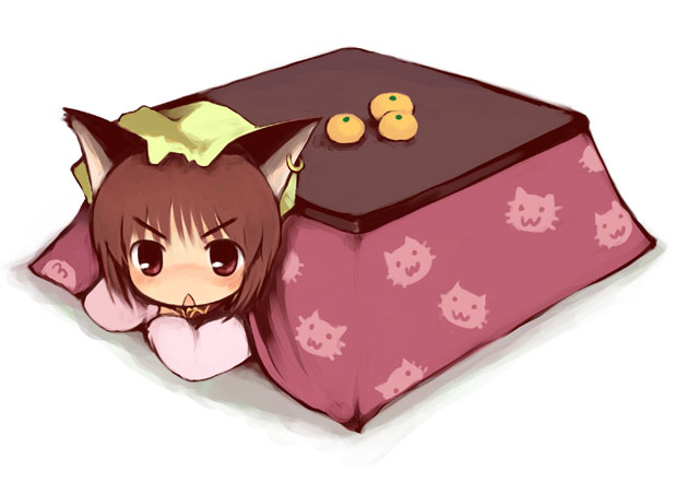 kito (sorahate), chen, touhou, 1girl, animal ears, brown eyes, brown hair, cat, cat ears, earrings, female focus, food, fruit, hat, jewelry, kotatsu, looking at viewer, mandarin orange, orange (fruit), short hair, single earring, solo, table
