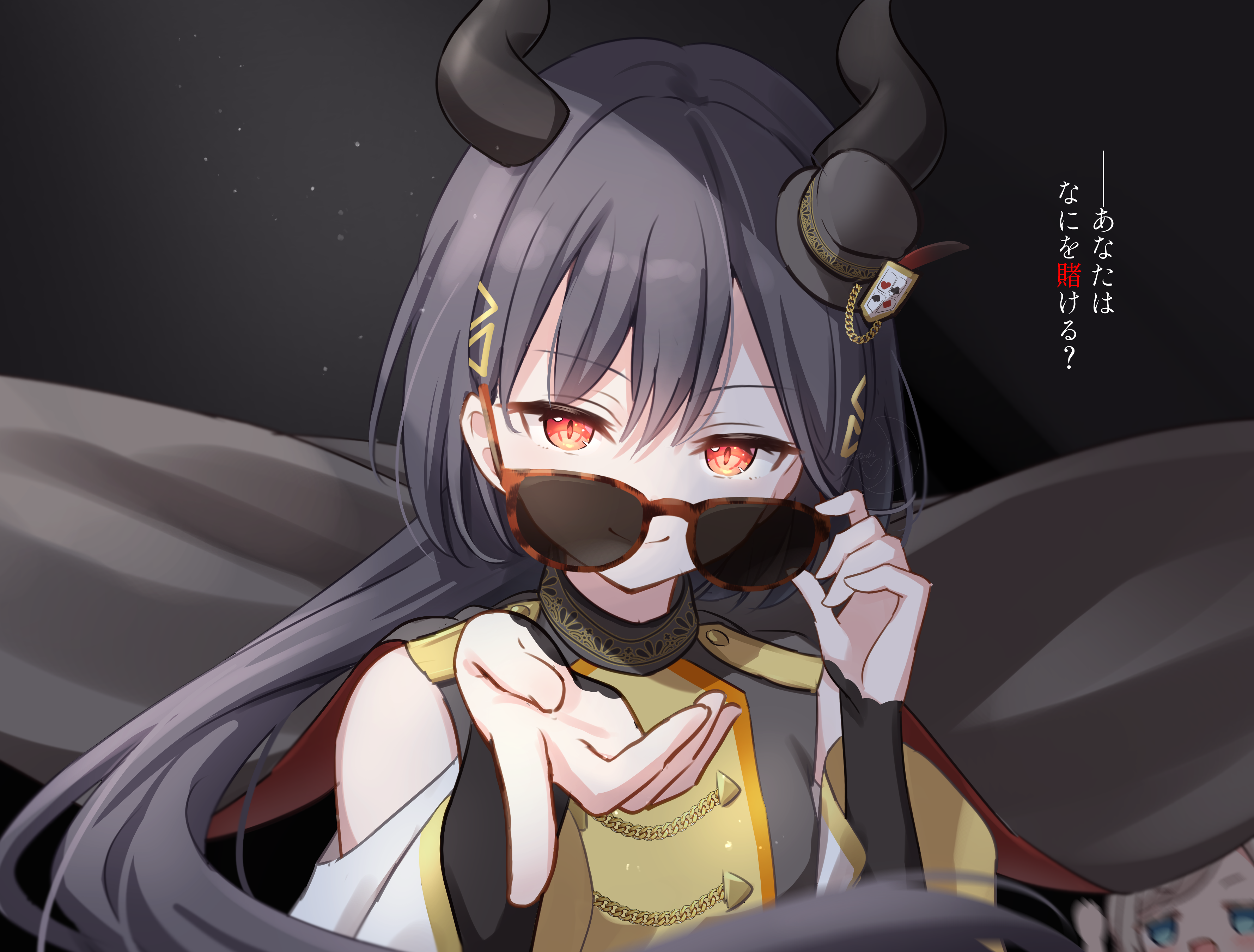 hanazora satsuki, ceras yanagida lilienfeld, katsuragi izumi, link! like! love live!, love live!, absurdres, commentary request, highres, translation request, 2girls, :d, bare shoulders, black background, black horns, blue eyes, buttons, cape, closed mouth, clothing cutout, club (shape), colored text highlight, demon horns, detached sleeves, diamond (shape), double-breasted, edelied, floating cape, grey cape, grey hair, grey hat, hair ornament, hands up, hat, heart, holding, holding removed eyewear, horns, layered sleeves, light particles, long hair, long sleeves, looking at viewer, mini hat, multiple girls, official alternate costume, open mouth, orange-framed eyewear, orange eyes, red cape, shoulder cutout, simple background, slit pupils, smile, solo focus, spade (shape), sunglasses, tilted headwear, triangle hair ornament, two-sided cape, two-sided fabric, unworn eyewear, upper body, v-shaped eyebrows, very long hair, virtual youtuber, wolf cut