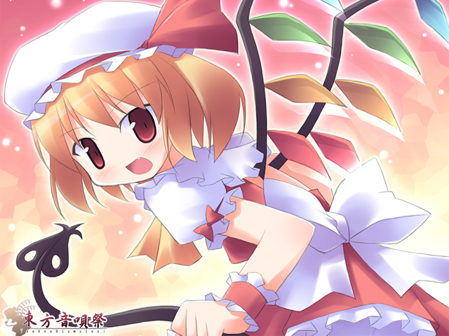 kagura yuuki, flandre scarlet, touhou, 1girl, blonde hair, blouse, blush, bow, fang, female focus, hat, laevatein, looking back, mob cap, petticoat, red eyes, ribbon, shirt, short hair, side ponytail, skirt, solo, tail, wings, wrist cuffs