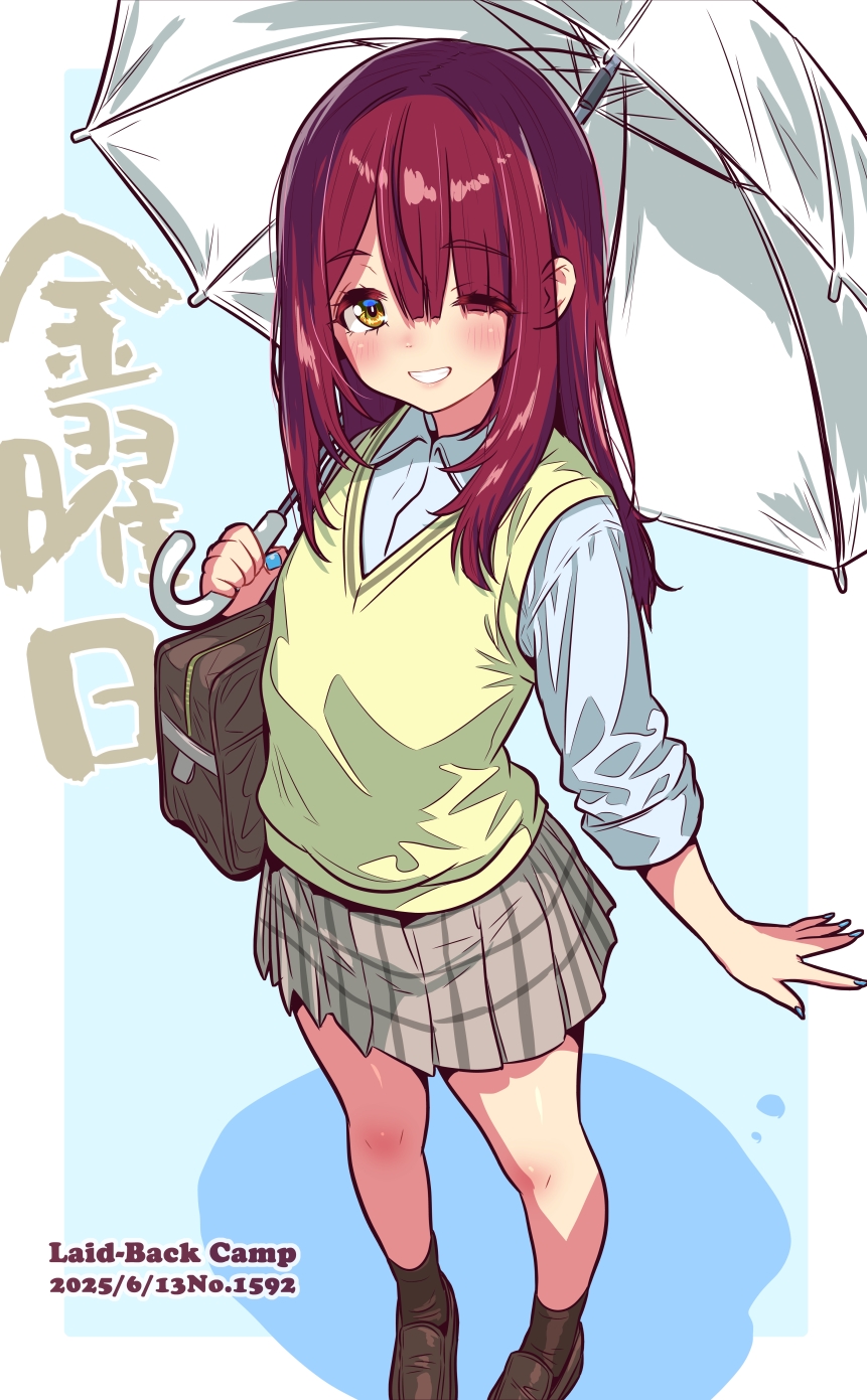 jagi (jagi souken), toki ayano, yurucamp, highres, 1girl, 2025, bag, black socks, blue nails, blue shirt, blush, brown shoes, collared shirt, copyright name, dated, dress shirt, feet out of frame, grey skirt, grin, holding, holding umbrella, loafers, long hair, looking at viewer, miniskirt, nail polish, nose blush, one eye closed, plaid clothes, plaid skirt, pleated skirt, red hair, school bag, school uniform, shiny skin, shirt, shoes, skirt, smile, socks, solo, standing, straight hair, sweater vest, umbrella, white umbrella, wing collar, yellow eyes, yellow sweater vest
