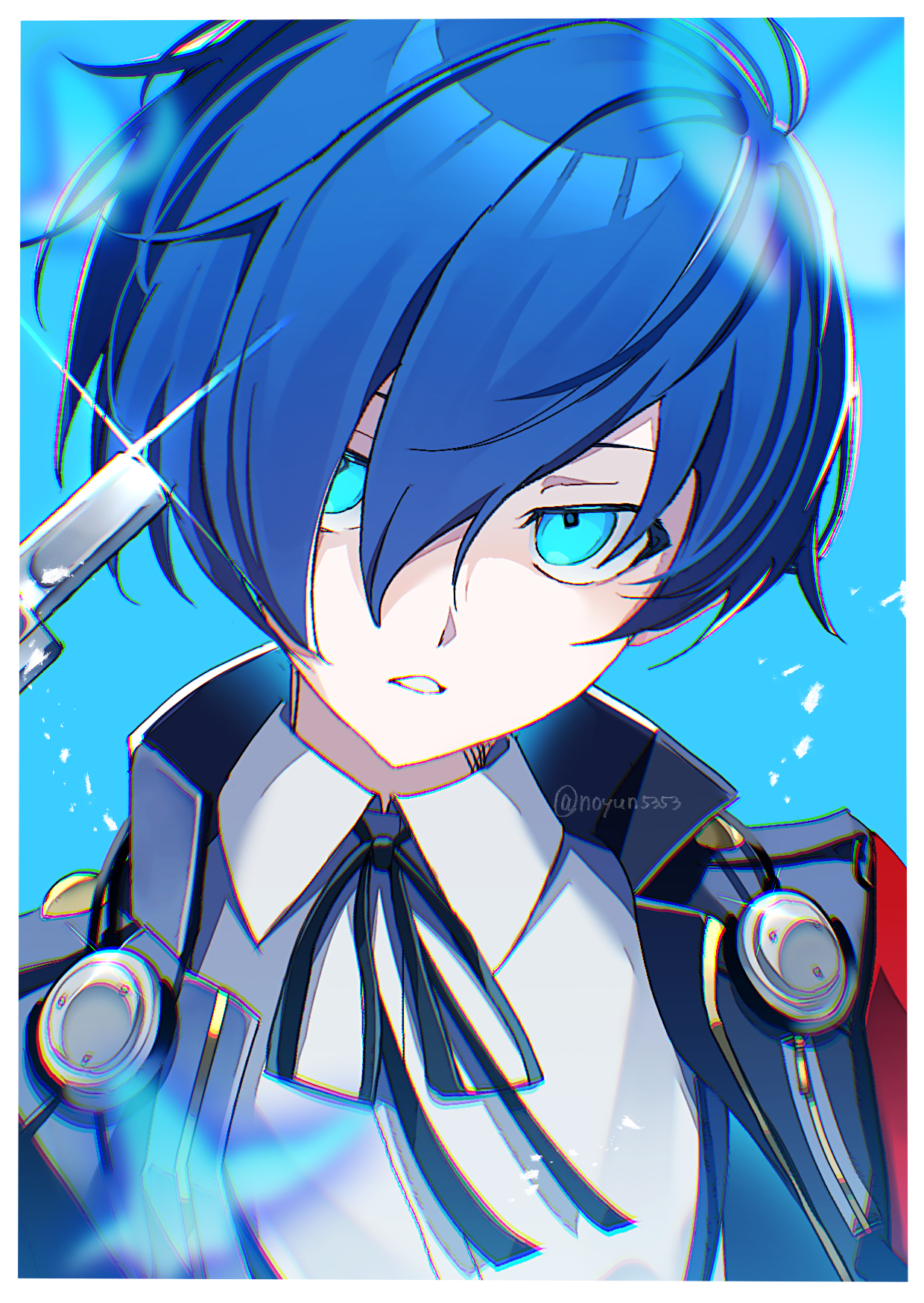 nodoka906, yuuki makoto (persona 3), persona, persona 3, highres, 1boy, black ribbon, blue background, blue eyes, blue hair, collared shirt, evoker, gekkoukan high school uniform, hair between eyes, male focus, neck ribbon, portrait, ribbon, school uniform, shirt, short hair, solo, twitter username, white shirt, wing collar