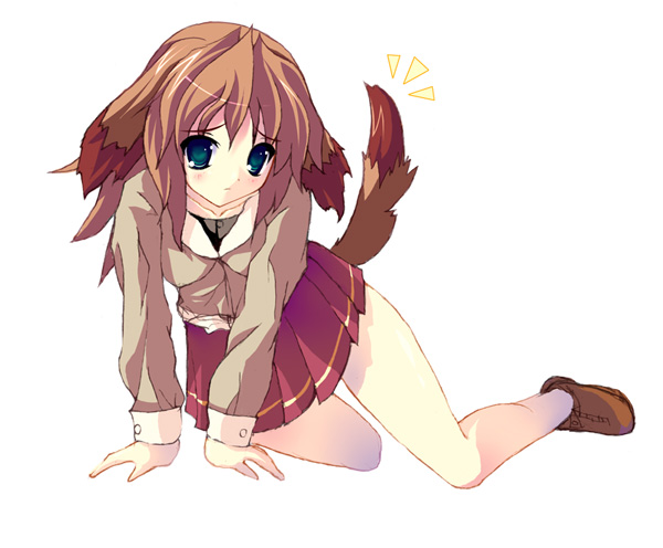 animal ears, brown shoes, dog ears, dog tail, full body, long sleeves, pleated skirt, school uniform, serafuku, shoes, simple background, skirt, solo, tail, white background
