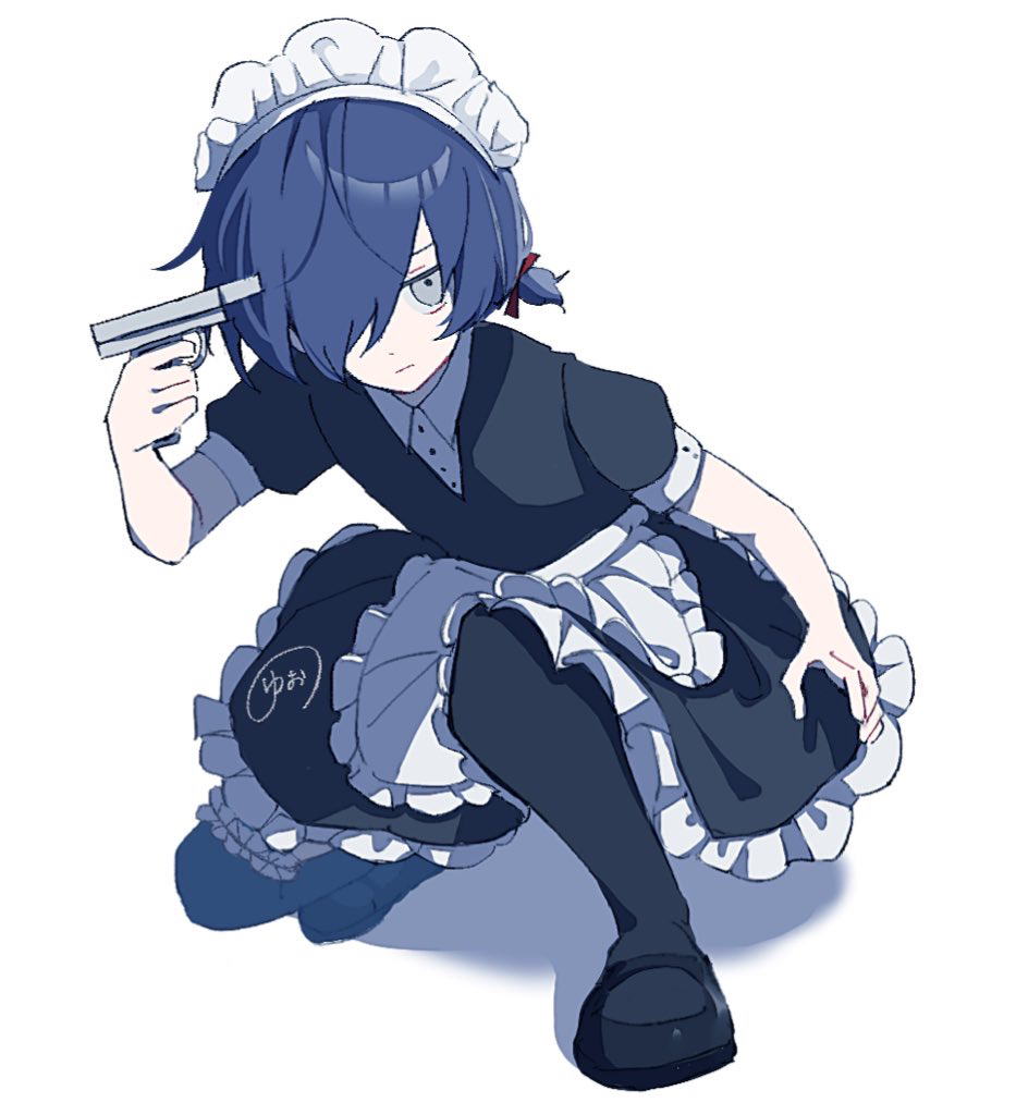nodoka906, yuuki makoto (persona 3), persona, persona 3, 1boy, alternate costume, apron, black pantyhose, black shirt, black shoes, black skirt, blue hair, closed mouth, crossdressing, enmaided, evoker, expressionless, frilled apron, frilled skirt, frills, full body, grey eyes, gun, hair over one eye, handgun, holding, holding gun, holding weapon, looking at viewer, maid, maid headdress, male focus, medium skirt, on one knee, pantyhose, shirt, shoes, short sleeves, short twintails, simple background, sketch, skirt, solo, twintails, waist apron, weapon, white apron, white background