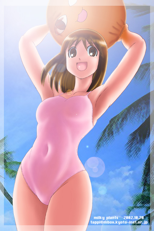 tappi, kasuga ayumu, mihama chiyo's father, azumanga daiou, 00s, 1girl, 2002, :d, armpits, ball, beachball, brown eyes, brown hair, casual one-piece swimsuit, curvy, day, female focus, happy, lens flare, navel, one-piece swimsuit, open mouth, outdoors, palm tree, pink background, pink one-piece swimsuit, sky, smile, solo, sunlight, swimsuit, tree, wide hips