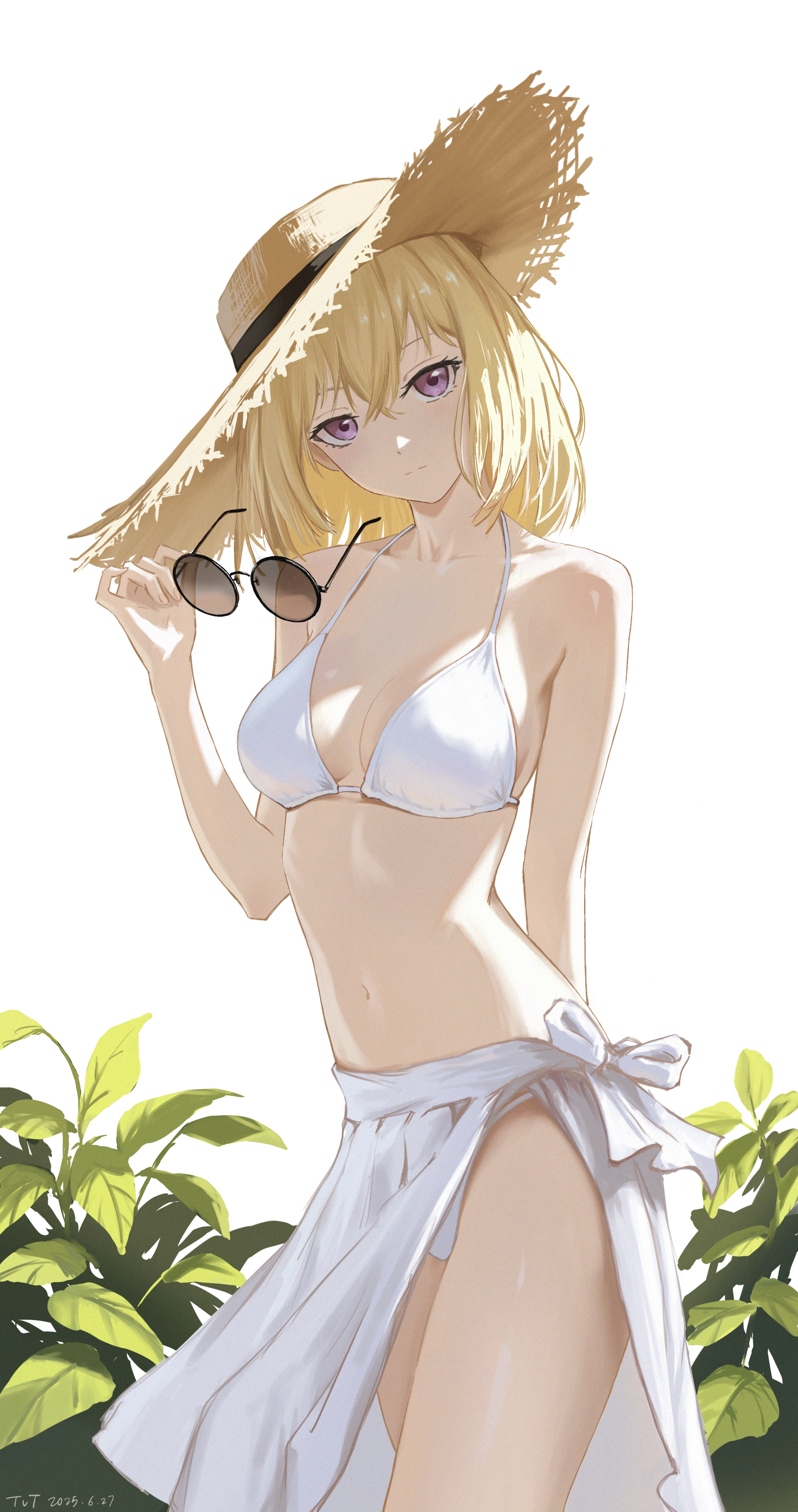 misumi uika, bang dream!, bang dream! it's mygo!!!!!, absurdres, highres, 1girl, arm behind back, bare arms, bikini, black-framed eyewear, black ribbon, blonde hair, breasts, cleavage, collarbone, cowboy shot, crossed bangs, expressionless, hair between eyes, hat, hat ribbon, head tilt, holding, holding removed eyewear, looking at viewer, madamadadaneye, medium breasts, medium hair, navel, purple eyes, ribbon, sarong, shiny skin, solo, standing, straight hair, straw hat, sun hat, sunglasses, swimsuit, unworn eyewear, white background, white bikini