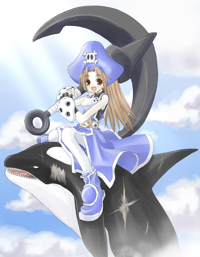 yuuki tokito, may (guilty gear), arc system works, guilty gear, 1girl, alternate color, anchor, animal, blue hat, brown eyes, brown hair, female focus, hat, orca, pantyhose, pirate, scar, skull, solo, whale