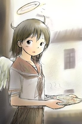 kashmir, rakka (haibane), haibane renmei, lowres, 00s, angel wings, brown eyes, brown hair, halo, messy hair, school uniform, serafuku, skirt, solo, static cling, traditional halo, wings