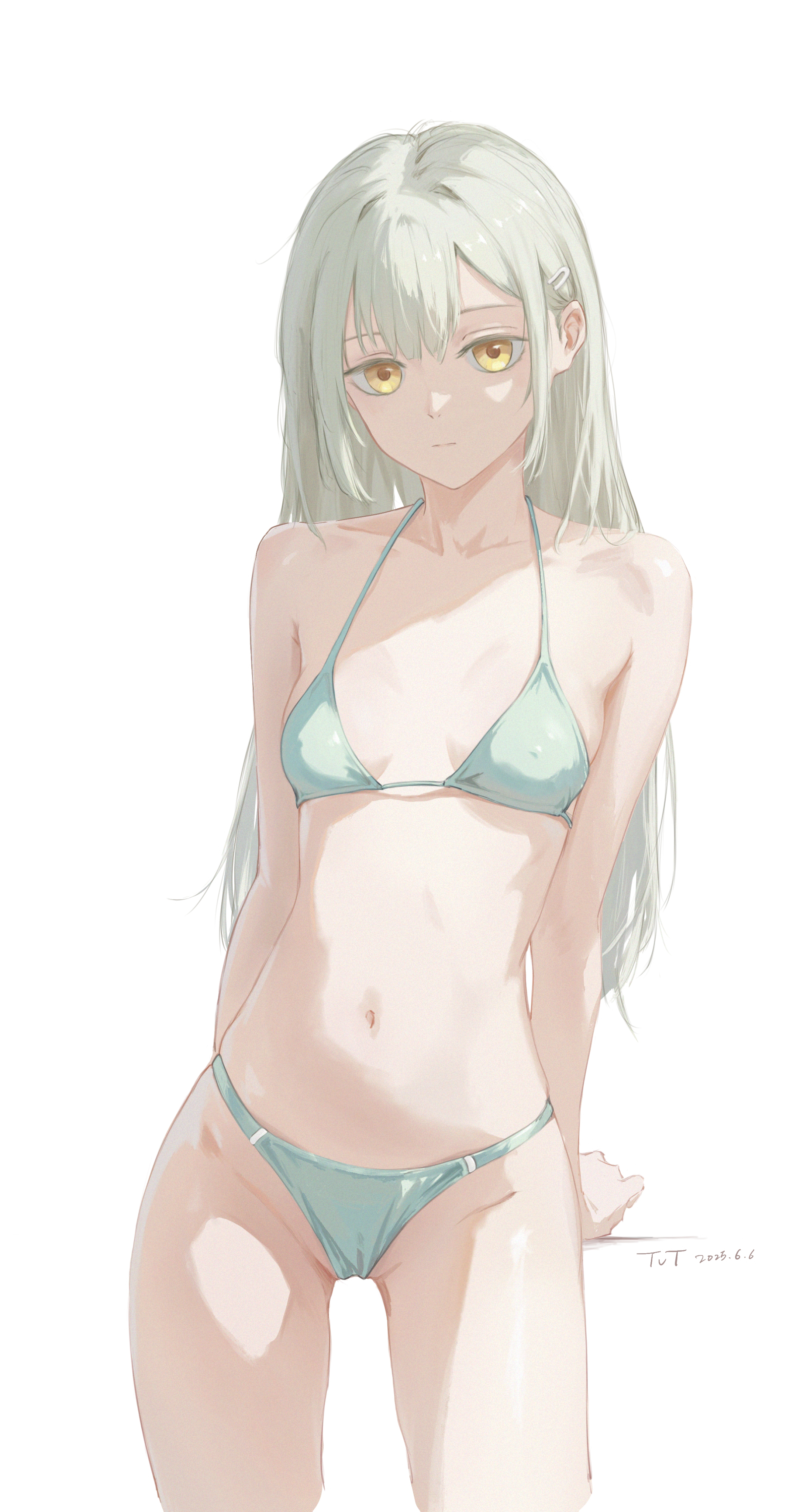 wakaba mutsumi, bang dream!, bang dream! it's mygo!!!!!, absurdres, highres, 1girl, arms behind back, bare arms, bare legs, bikini, breasts, cleavage, closed mouth, collarbone, covered erect nipples, cowboy shot, expressionless, grey hair, hair ornament, hairclip, halterneck, highleg, highleg bikini, long hair, madamadadaneye, navel, small breasts, solo, standing, straight hair, swimsuit, very long hair, white background, yellow eyes