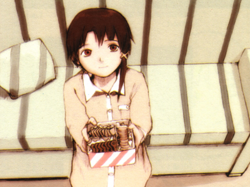 abe yoshitoshi, iwakura lain, serial experiments lain, official art, 1990s (style), 1girl, box, brown eyes, brown hair, couch, female focus, from above, hair ornament, hairclip, holding, holding box, looking up, retro artstyle, solo