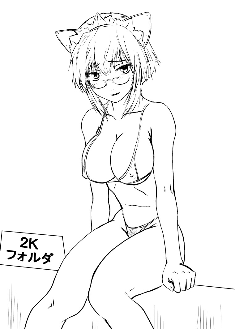 2k-tan, os-tan, translated, 1girl, bikini, breasts, cleavage, female focus, glasses, greyscale, large breasts, monochrome, simple background, solo, string bikini, swimsuit