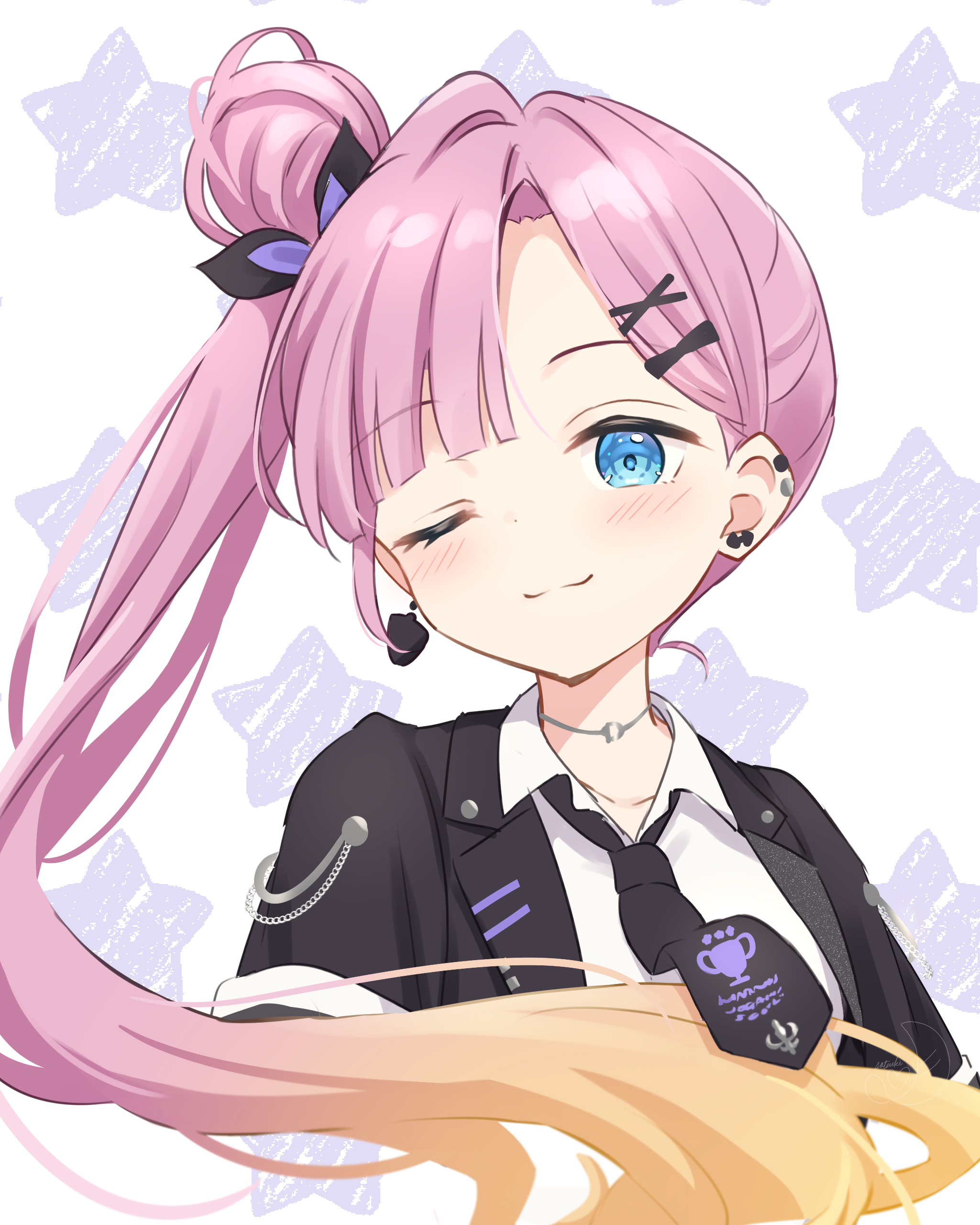 hanazora satsuki, anyoji hime, link! like! love live!, love live!, absurdres, commentary request, highres, 1girl, ;), black jacket, black necktie, blonde hair, blue eyes, collarbone, collared shirt, cropped torso, curtained hair, earrings, floating earrings, floating neckwear, gradient hair, hair bun, hair intakes, i do me! (love live!), jacket, jewelry, long hair, looking at viewer, mismatched earrings, multicolored hair, necktie, official alternate costume, official alternate hairstyle, one eye closed, open clothes, open jacket, parted bangs, pink hair, shirt, short-sleeved jacket, short sleeves, side ponytail, single side bun, smile, solo, star (symbol), star symbol background, stud earrings, upper body, very long hair, virtual youtuber, white shirt